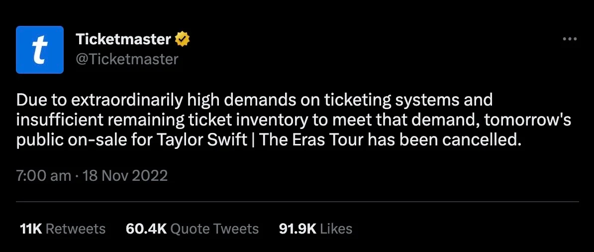 Ticketmaster's general sale cancelling tweet